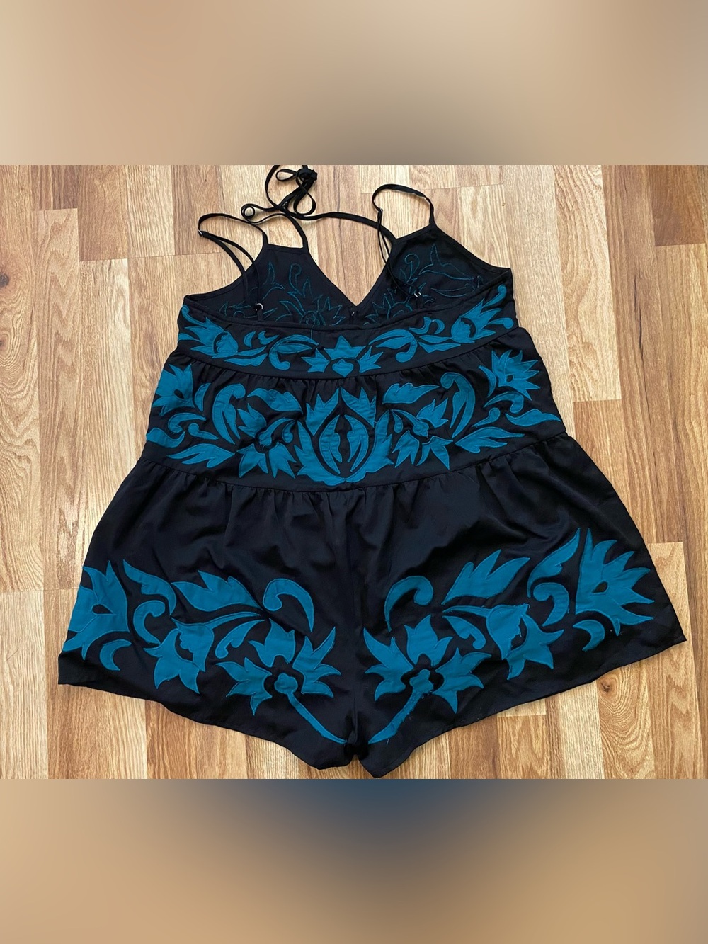 Free People Black Camisole Romper with Teal Floral Embroidery Size Medium - Picture 4 of 8
